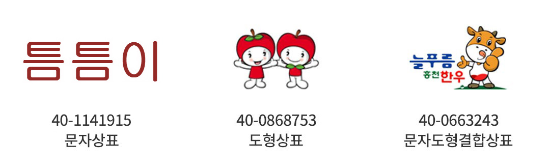 일반적인 상표 예시 - 틈틈이 40-1141915 문자상표, 사과캐릭터 40-0868753 도형상표, 늘푸름 홍천 한우 40-0663243 문자도형결합상표